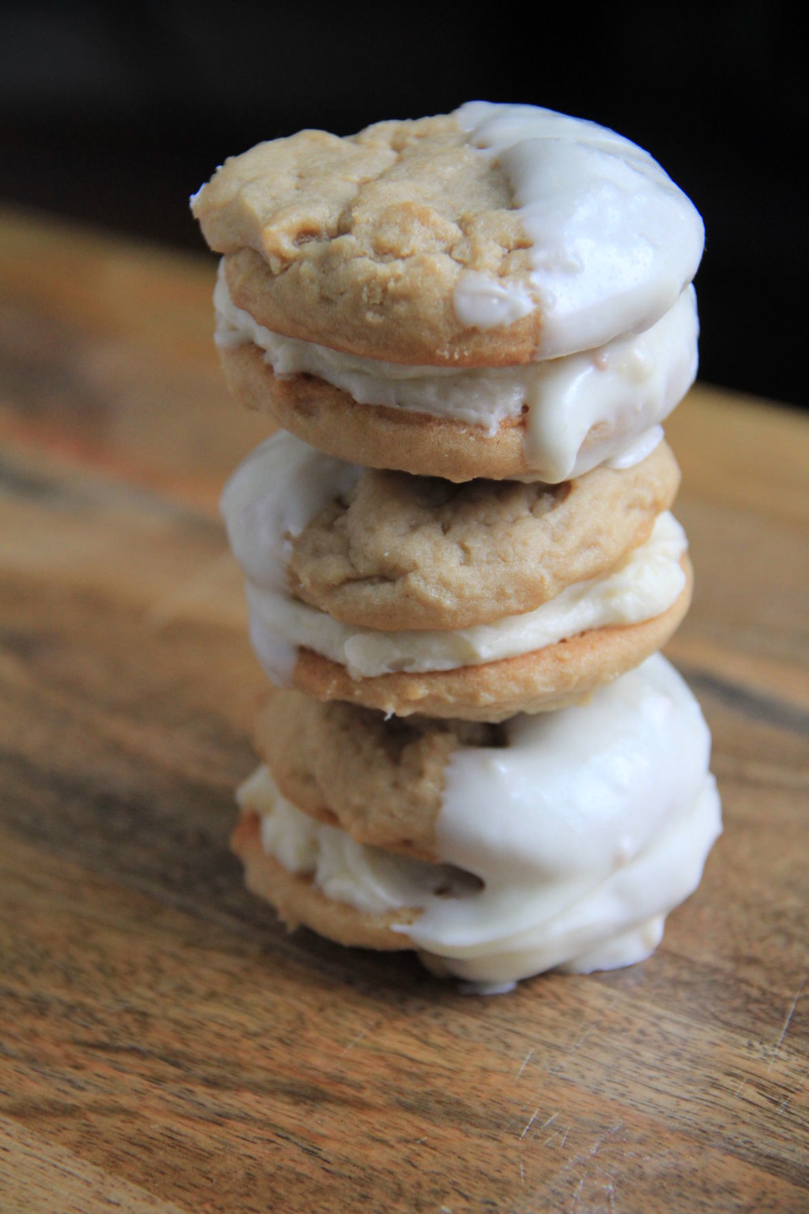 Vanilla Dipped Peanut Butter and Maple Cream Sandwich Cookies